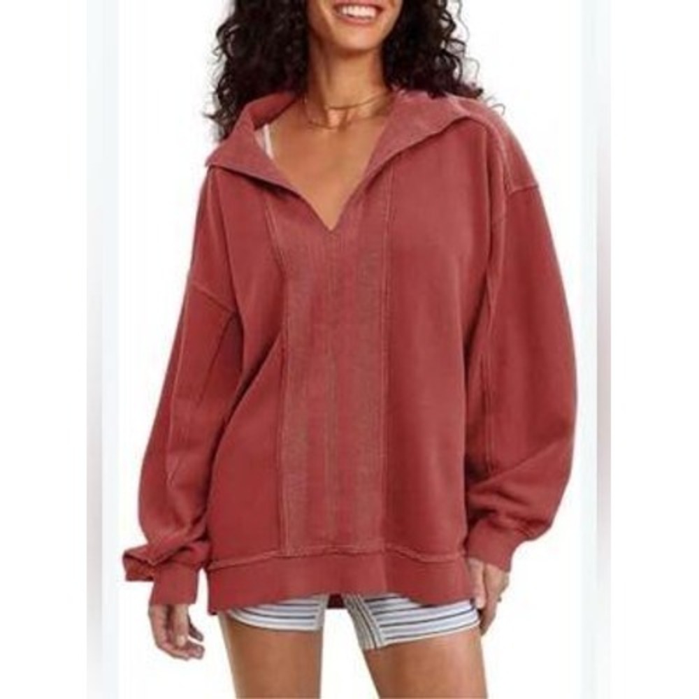 Aerie Women Oversized V-Neck Sweatshirt Brick Red Raw Edge Seam Pullover